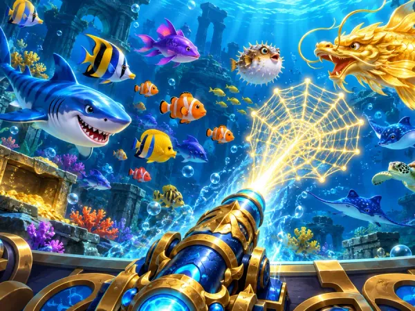 sportsbet.io + Illustrated fishing cannon firing a glowing net towards colourful fish