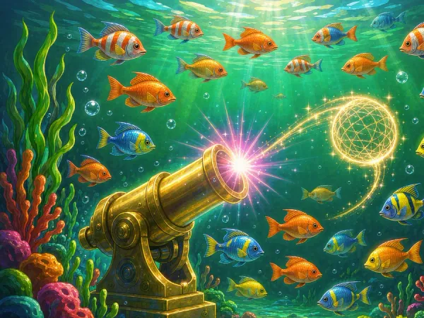 sportsbet.io + Golden cannon firing a glowing net at colourful fish underwater