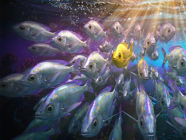 sportsbet.io + School of fish swimming among floating coins