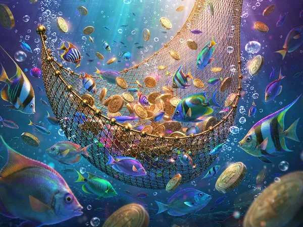 sportsbet.io + Fish and gold coins surrounding an underwater net