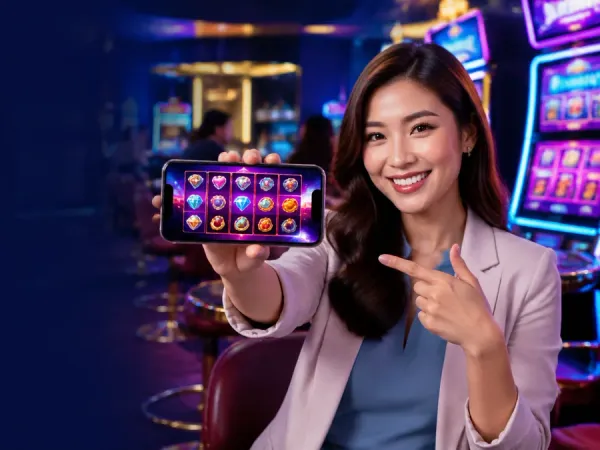 sportsbet.io + Woman holding a phone with colourful fruit reels on screen
