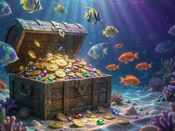 sportsbet.io + Open treasure chest with coins and fish underwater