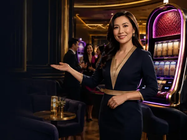 sportsbet.io + Woman in a dark blazer beside a slot machine in a dim lounge
