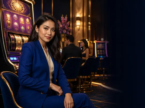 sportsbet.io + Woman in a blue suit seated beside slot machines in a warm-lit lounge