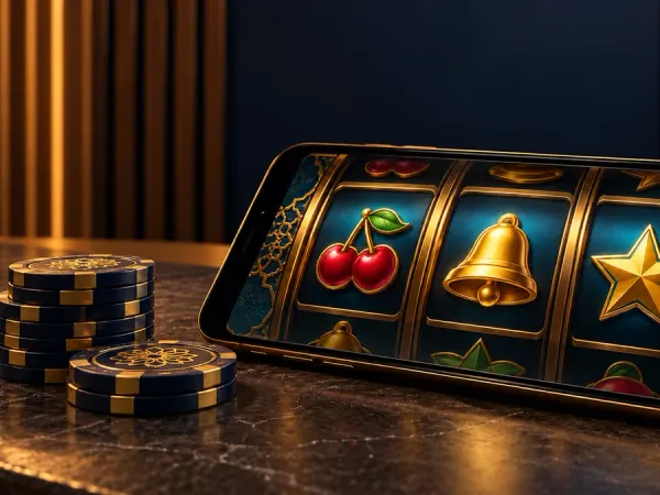 sportsbet.io + Phone showing fruit, bell and star reels beside casino chips