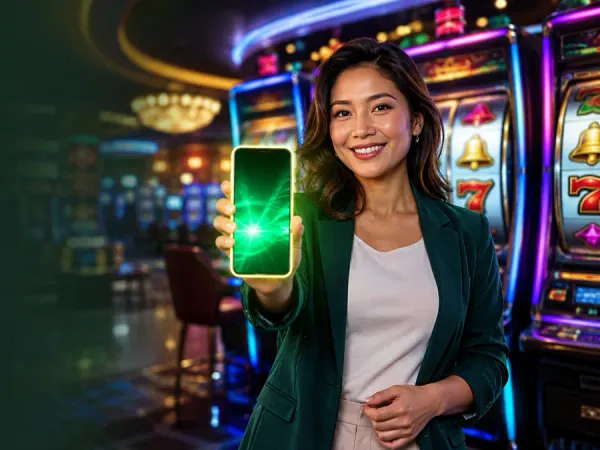 sportsbet.io + Woman in a green blazer holding a glowing phone beside slot reels