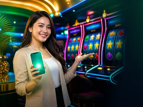 sportsbet.io + Woman in a beige blazer holding a phone near colourful slot machines