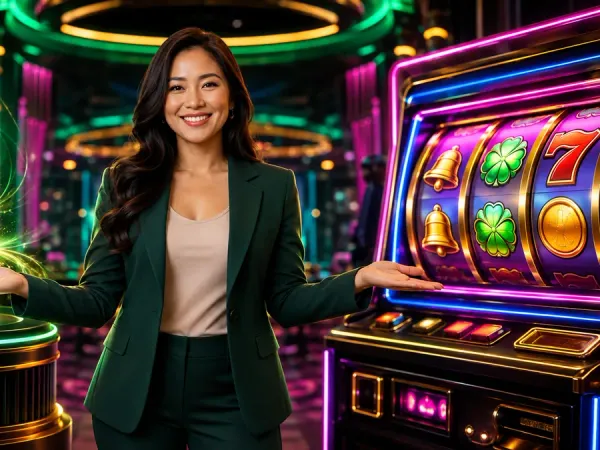 sportsbet.io + Woman presenting a glowing phone beside fruit slot reels