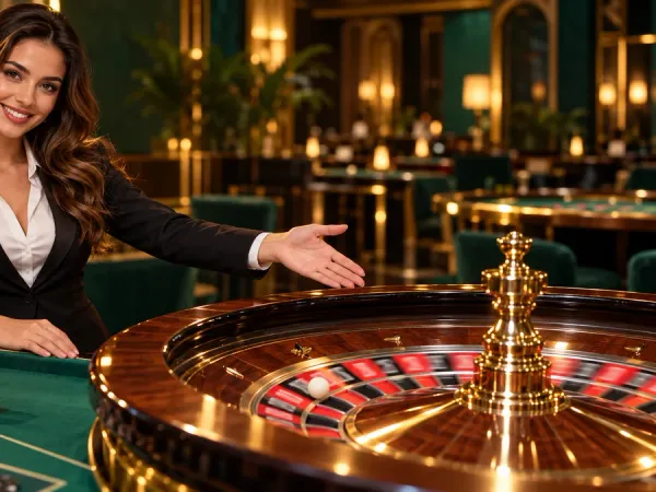 sportsbet.io + Female dealer presenting a roulette wheel and chips at a green table