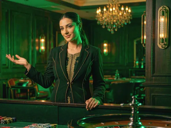 sportsbet.io + Woman gesturing towards a roulette wheel beside stacked chips