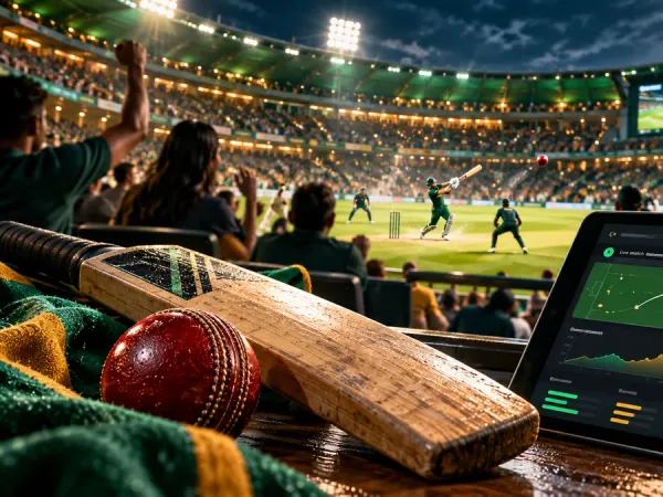 sportsbet.io + Cricket bat and ball beside a match dashboard in a floodlit stadium