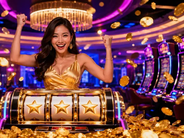 sportsbet.io + Woman behind a star-symbol slot machine with illustrated gold coins