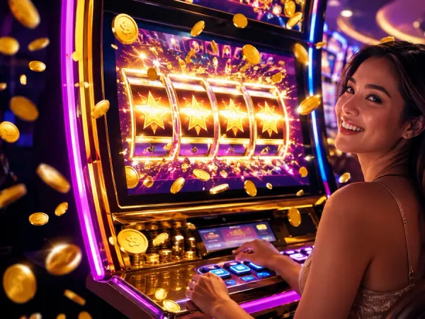 sportsbet.io + Woman looking towards golden slot reels with star symbols