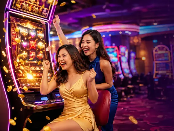 sportsbet.io + Two women beside golden slot reels and illustrated coins