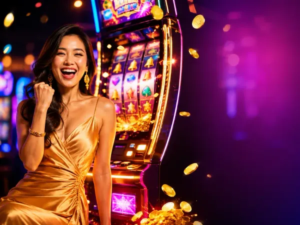sportsbet.io + Woman beside gold-framed slot reels in bright casino lighting